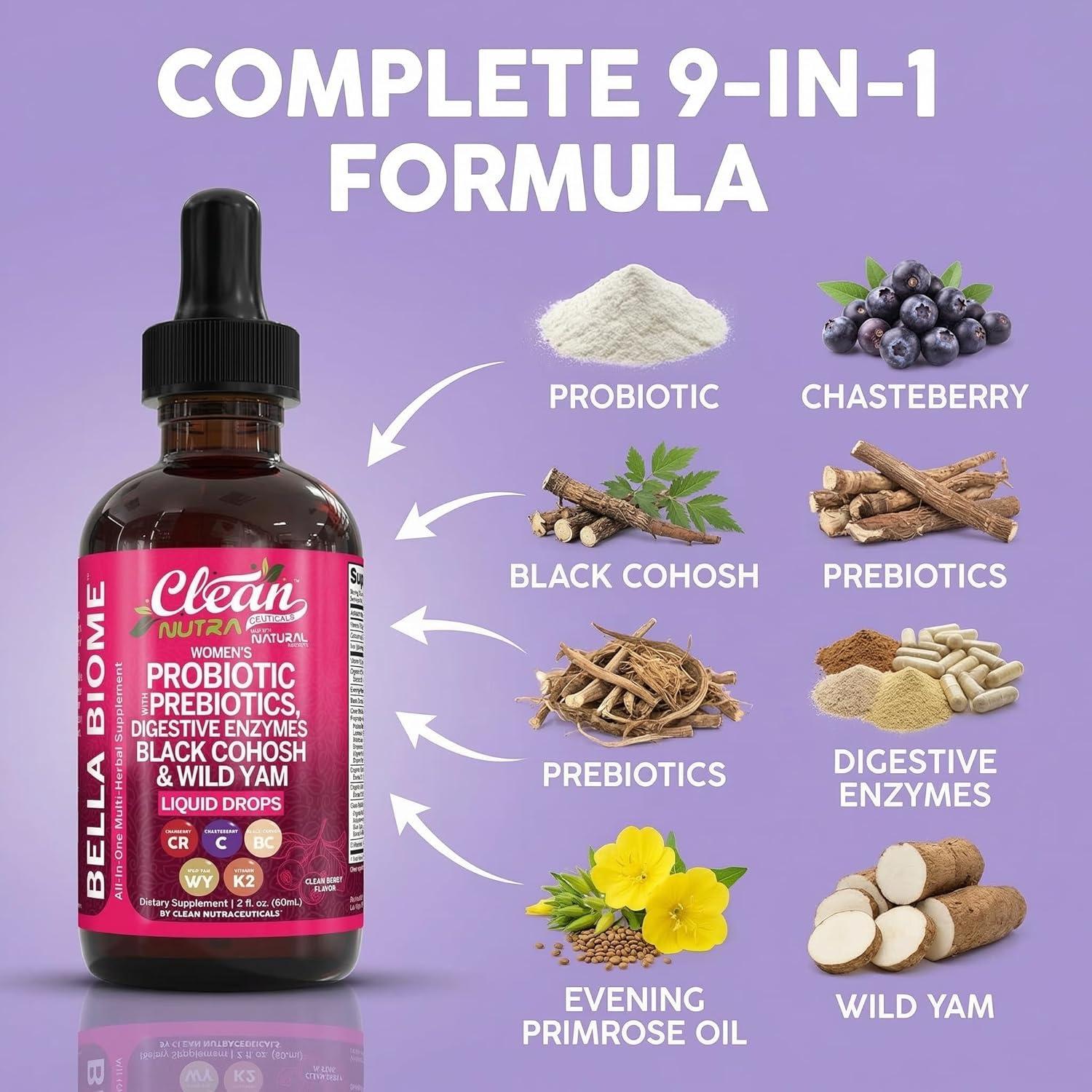 image:imageLiquid Probiotics for Women Drops with Chasteberry Black Cohosh Prebiotics Digestive Enzymes Evening Primrose Oil Wild Yam Cranberry Dmannose and Iron Vitamin D3 K2 Clean Nutra Bella Biotics1