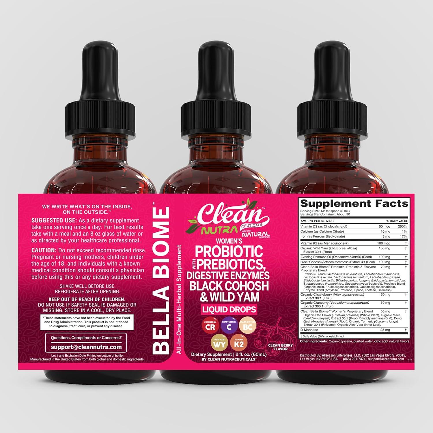 image:imageLiquid Probiotics for Women Drops with Chasteberry Black Cohosh Prebiotics Digestive Enzymes Evening Primrose Oil Wild Yam Cranberry Dmannose and Iron Vitamin D3 K2 Clean Nutra Bella Biotics2
