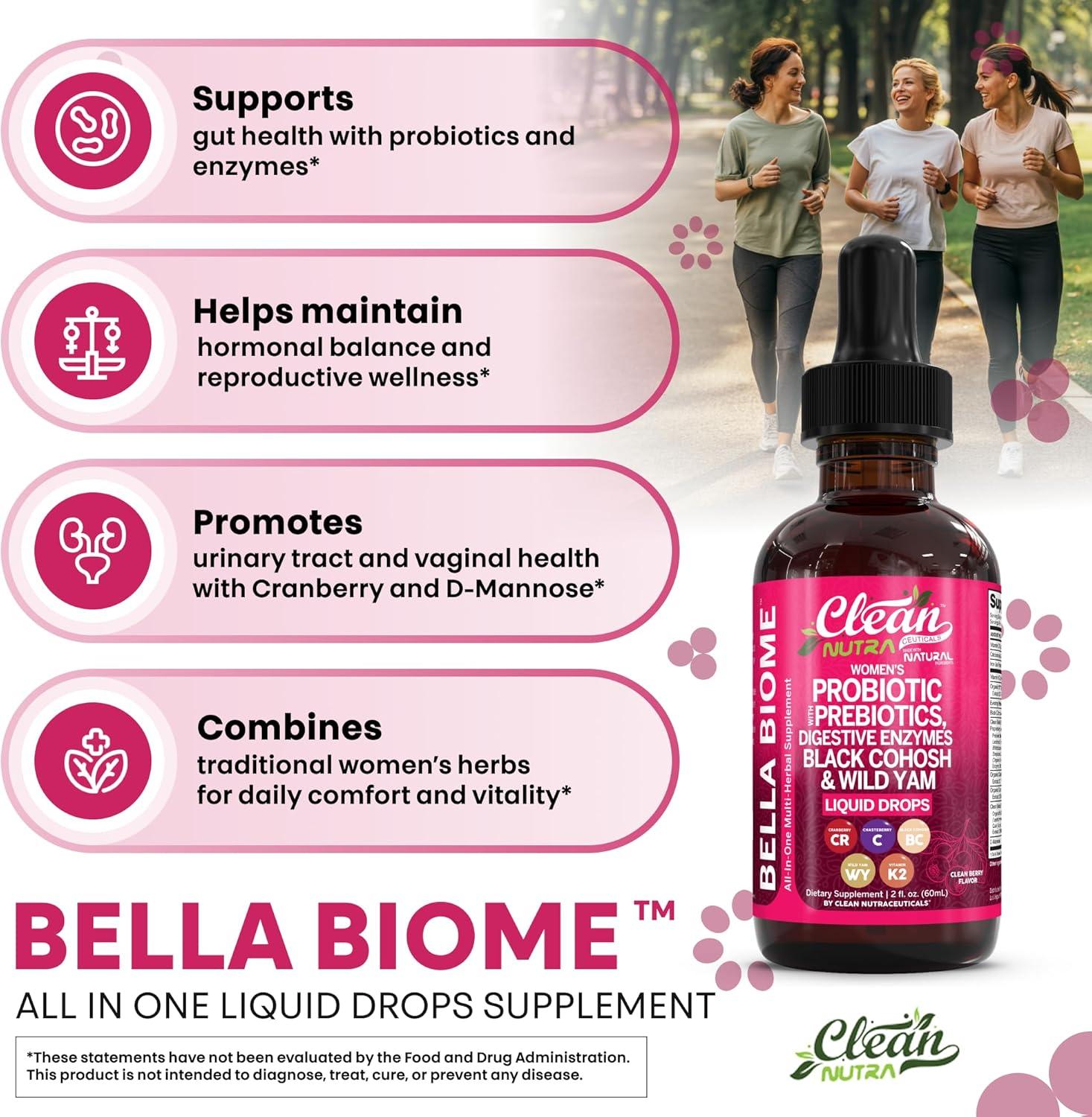 image:imageLiquid Probiotics for Women Drops with Chasteberry Black Cohosh Prebiotics Digestive Enzymes Evening Primrose Oil Wild Yam Cranberry Dmannose and Iron Vitamin D3 K2 Clean Nutra Bella Biotics2
