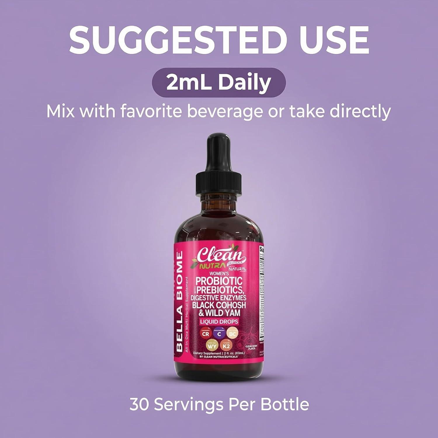 image:imageLiquid Probiotics for Women Drops with Chasteberry Black Cohosh Prebiotics Digestive Enzymes Evening Primrose Oil Wild Yam Cranberry Dmannose and Iron Vitamin D3 K2 Clean Nutra Bella Biotics1