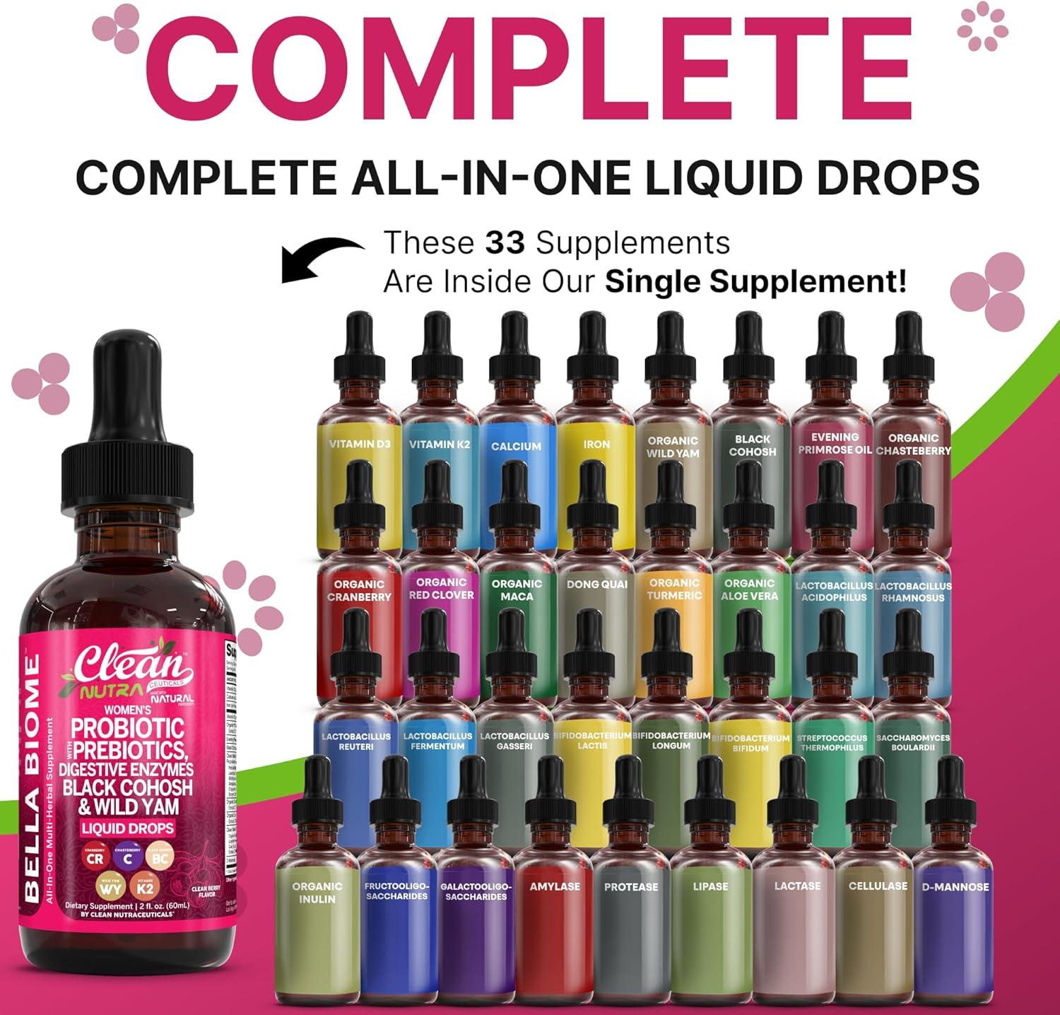 image:imageLiquid Probiotics for Women Drops with Chasteberry Black Cohosh Prebiotics Digestive Enzymes Evening Primrose Oil Wild Yam Cranberry Dmannose and Iron Vitamin D3 K2 Clean Nutra Bella Biotics2