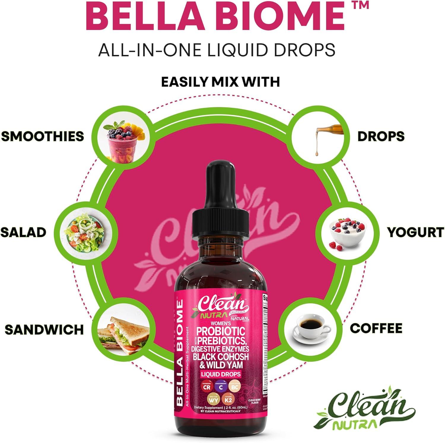 image:imageLiquid Probiotics for Women Drops with Chasteberry Black Cohosh Prebiotics Digestive Enzymes Evening Primrose Oil Wild Yam Cranberry Dmannose and Iron Vitamin D3 K2 Clean Nutra Bella Biotics2