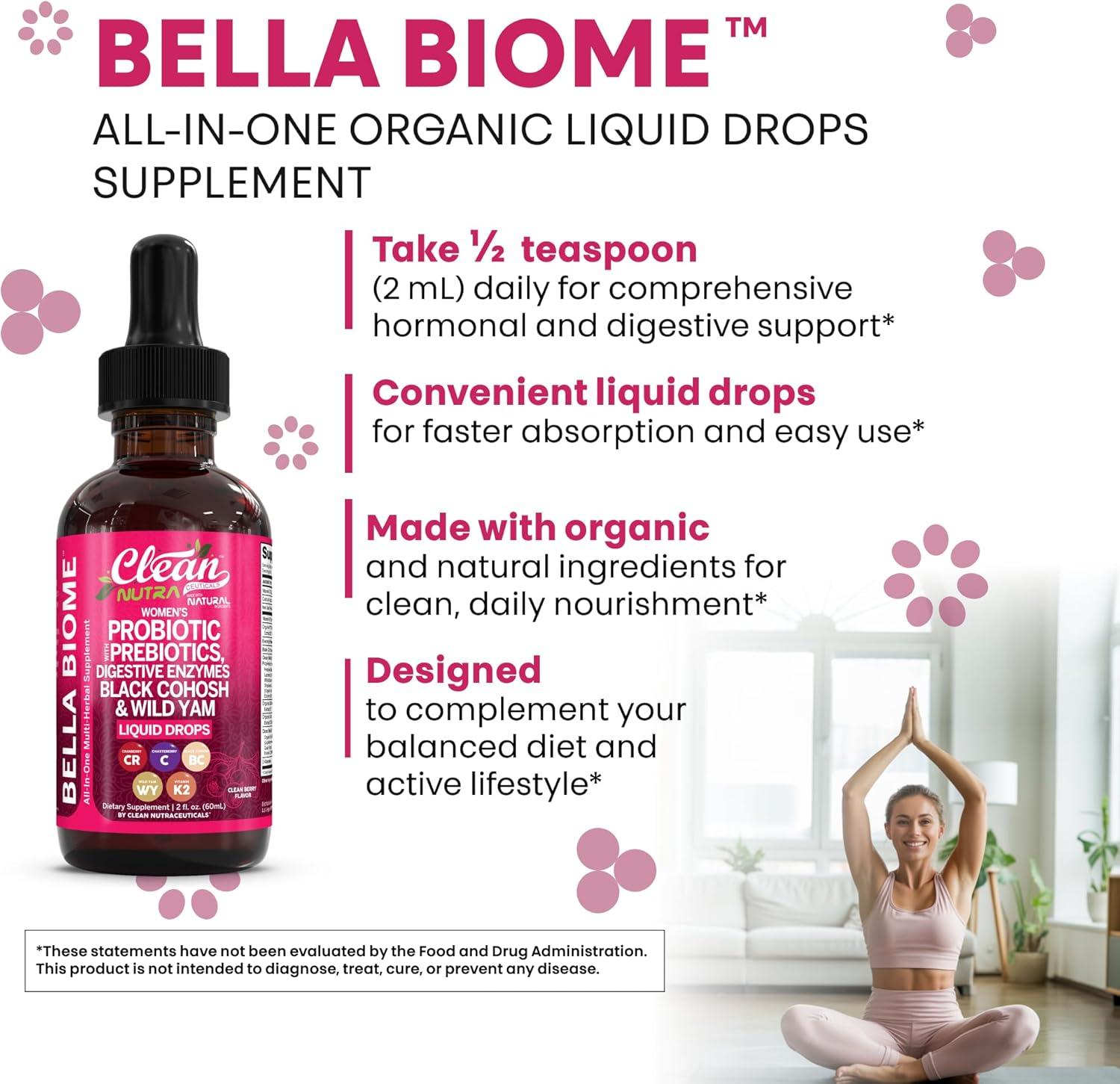 image:imageLiquid Probiotics for Women Drops with Chasteberry Black Cohosh Prebiotics Digestive Enzymes Evening Primrose Oil Wild Yam Cranberry Dmannose and Iron Vitamin D3 K2 Clean Nutra Bella Biotics2