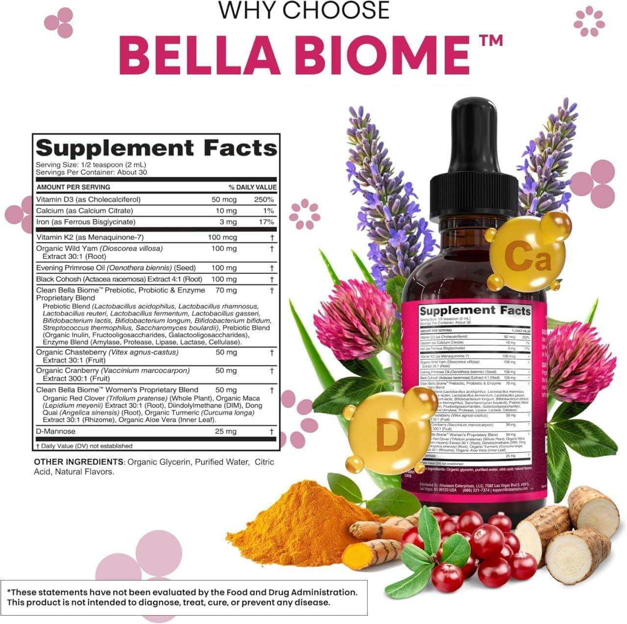 image:imageLiquid Probiotics for Women Drops with Chasteberry Black Cohosh Prebiotics Digestive Enzymes Evening Primrose Oil Wild Yam Cranberry Dmannose and Iron Vitamin D3 K2 Clean Nutra Bella Biotics1