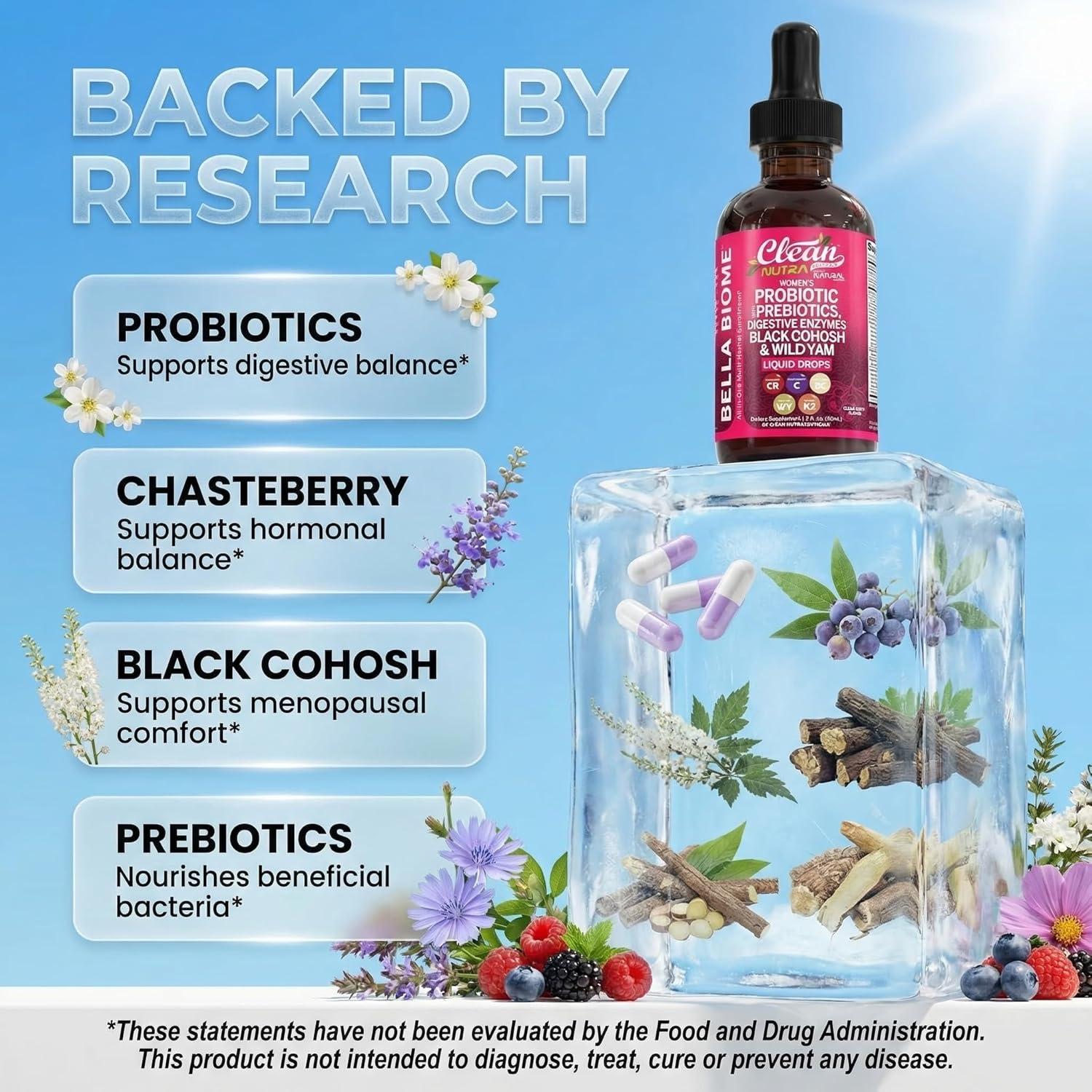 image:imageLiquid Probiotics for Women Drops with Chasteberry Black Cohosh Prebiotics Digestive Enzymes Evening Primrose Oil Wild Yam Cranberry Dmannose and Iron Vitamin D3 K2 Clean Nutra Bella Biotics1