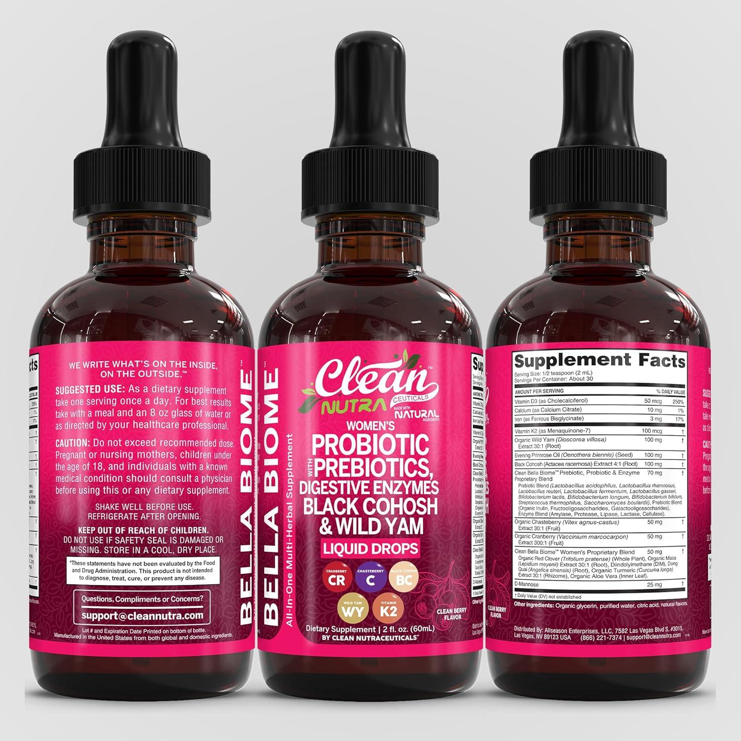 image:imageLiquid Probiotics for Women Drops with Chasteberry Black Cohosh Prebiotics Digestive Enzymes Evening Primrose Oil Wild Yam Cranberry Dmannose and Iron Vitamin D3 K2 Clean Nutra Bella Biotics2