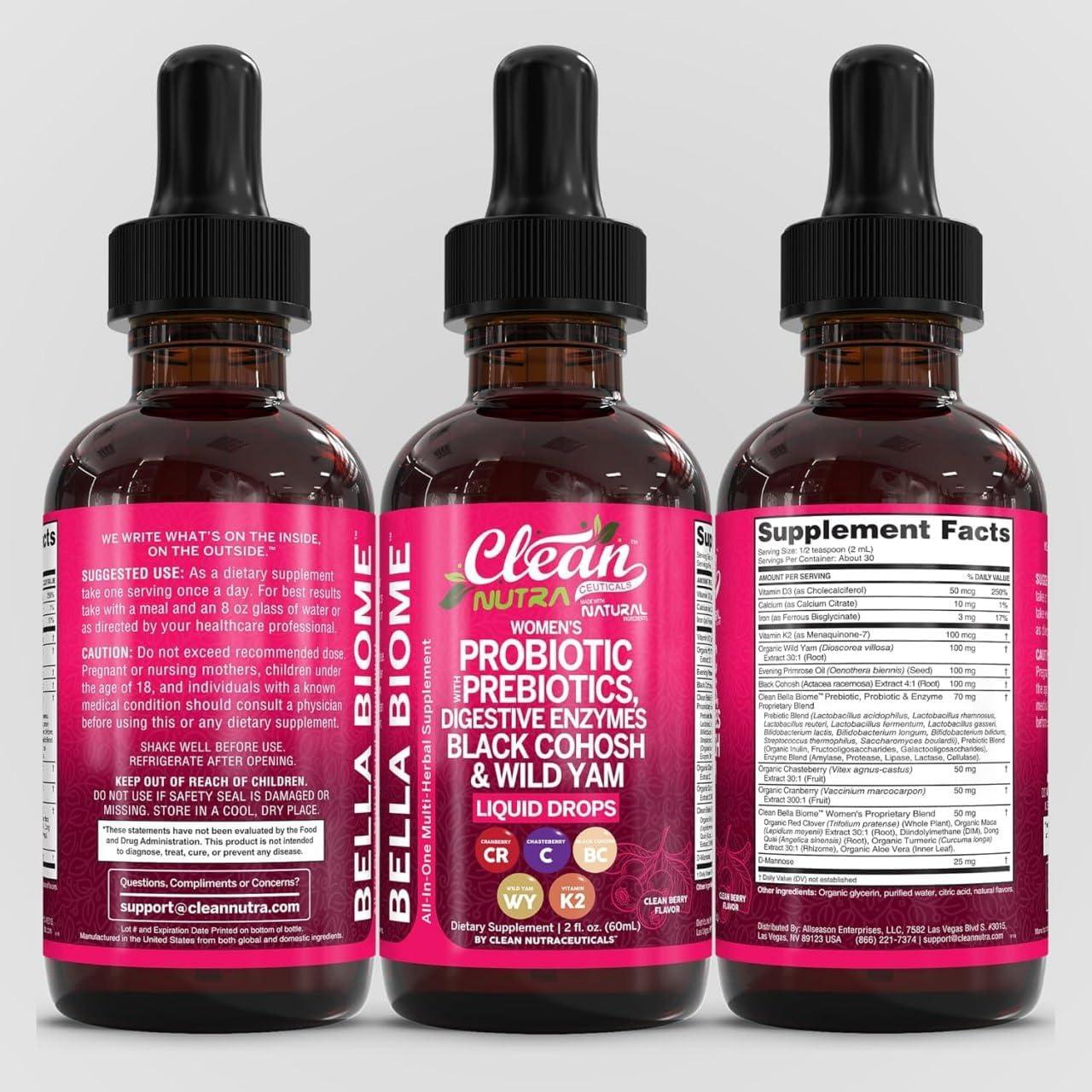 image:imageLiquid Probiotics for Women Drops with Chasteberry Black Cohosh Prebiotics Digestive Enzymes Evening Primrose Oil Wild Yam Cranberry Dmannose and Iron Vitamin D3 K2 Clean Nutra Bella Biotics1
