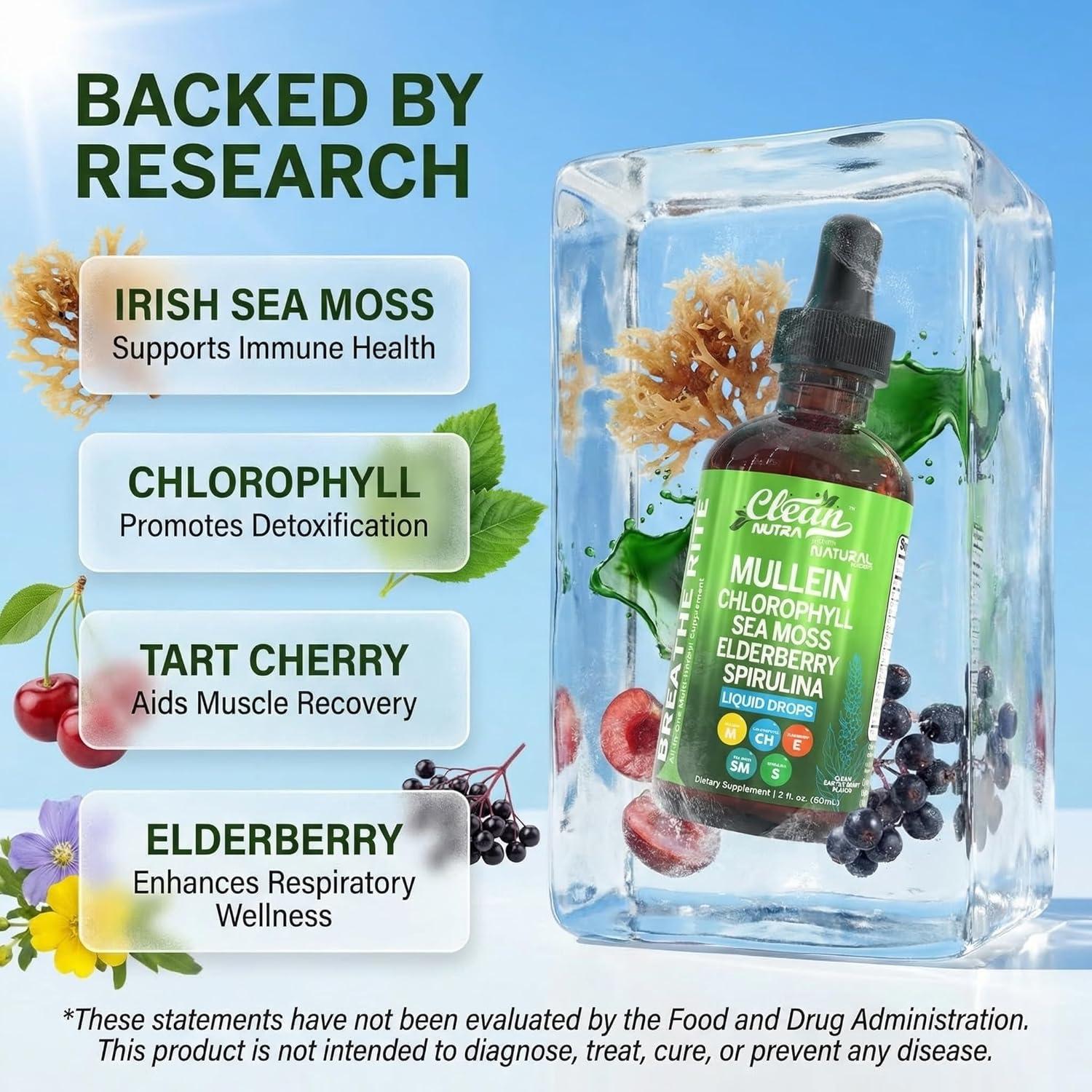 image:imageMullein Drops for Lungs Liquid Chlorophyll Mullein Leaf Extract Supplement Elderberry Sea Moss Spirulina Chlorella Lobelia Marigold Licorice Marshmallow Lung Detox Cleanse Tincture Men Women 2 fl oz