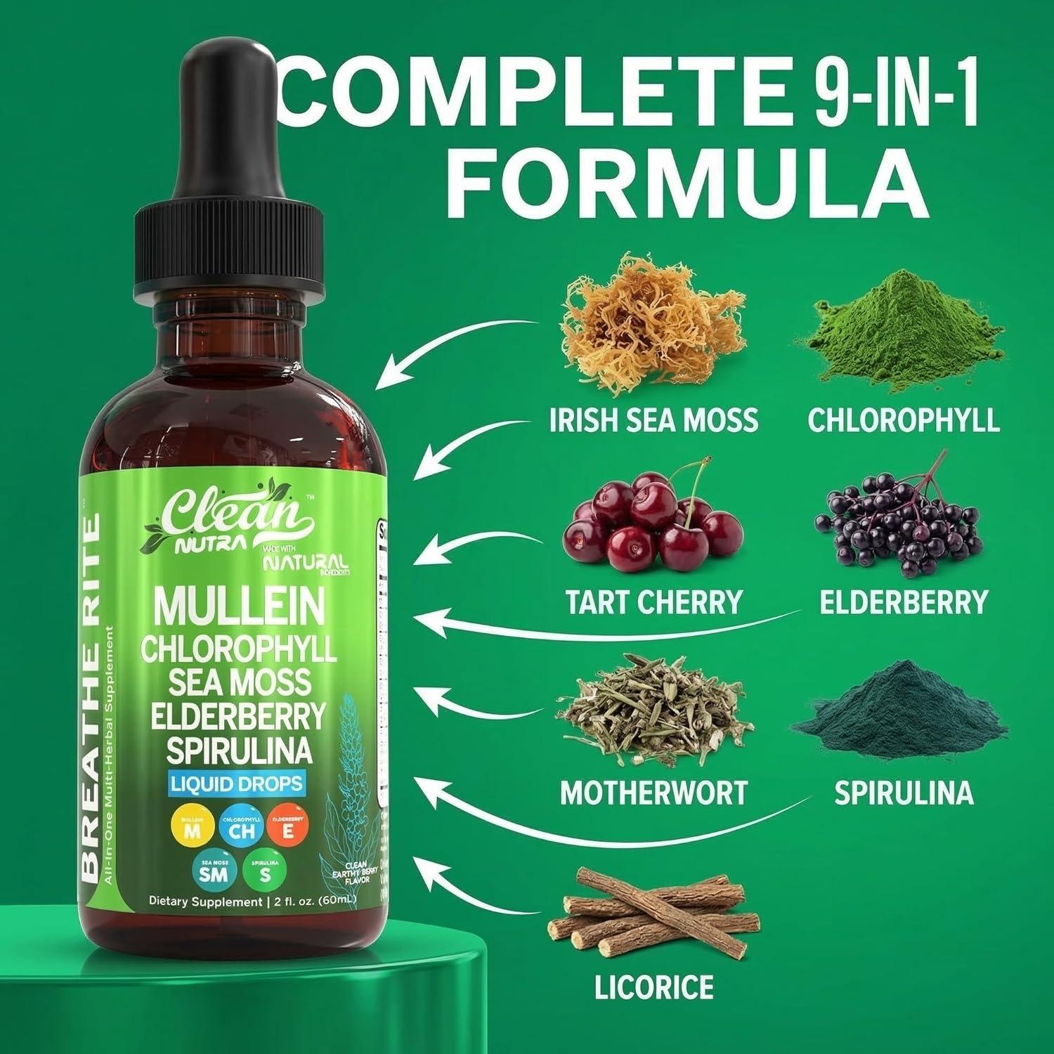 image:imageMullein Drops for Lungs Liquid Chlorophyll Mullein Leaf Extract Supplement Elderberry Sea Moss Spirulina Chlorella Lobelia Marigold Licorice Marshmallow Lung Detox Cleanse Tincture Men Women 2 fl oz