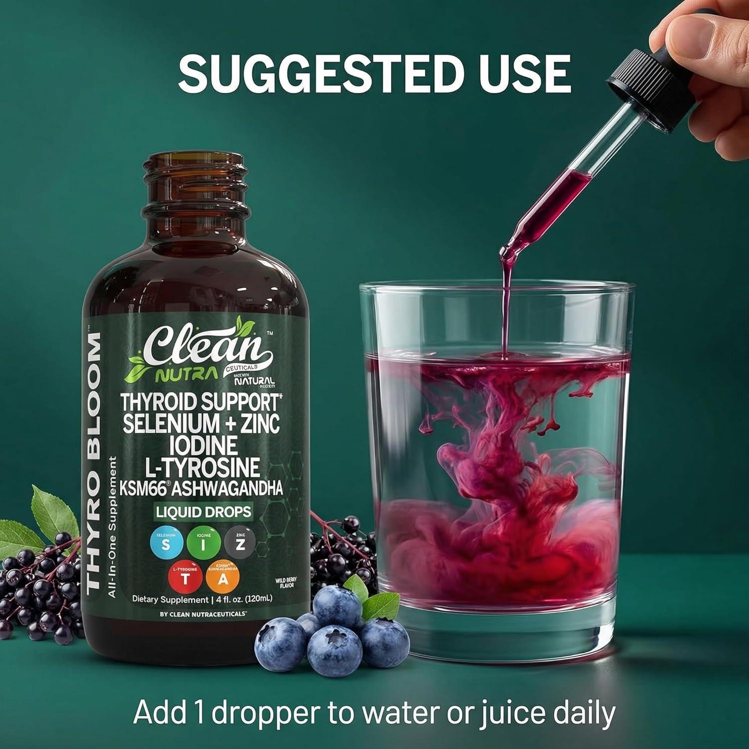 image:imageThyroBloom Thyroid Support for Women Liquid Drops Iodine LTyrosine Selenium Copper Ashwagandha Zinc Kelp Bladderwrack Schisandra Guggul Turmeric Vitamin A D3 B12 Folate Supplement by Clean Nutra 4ozWildberry