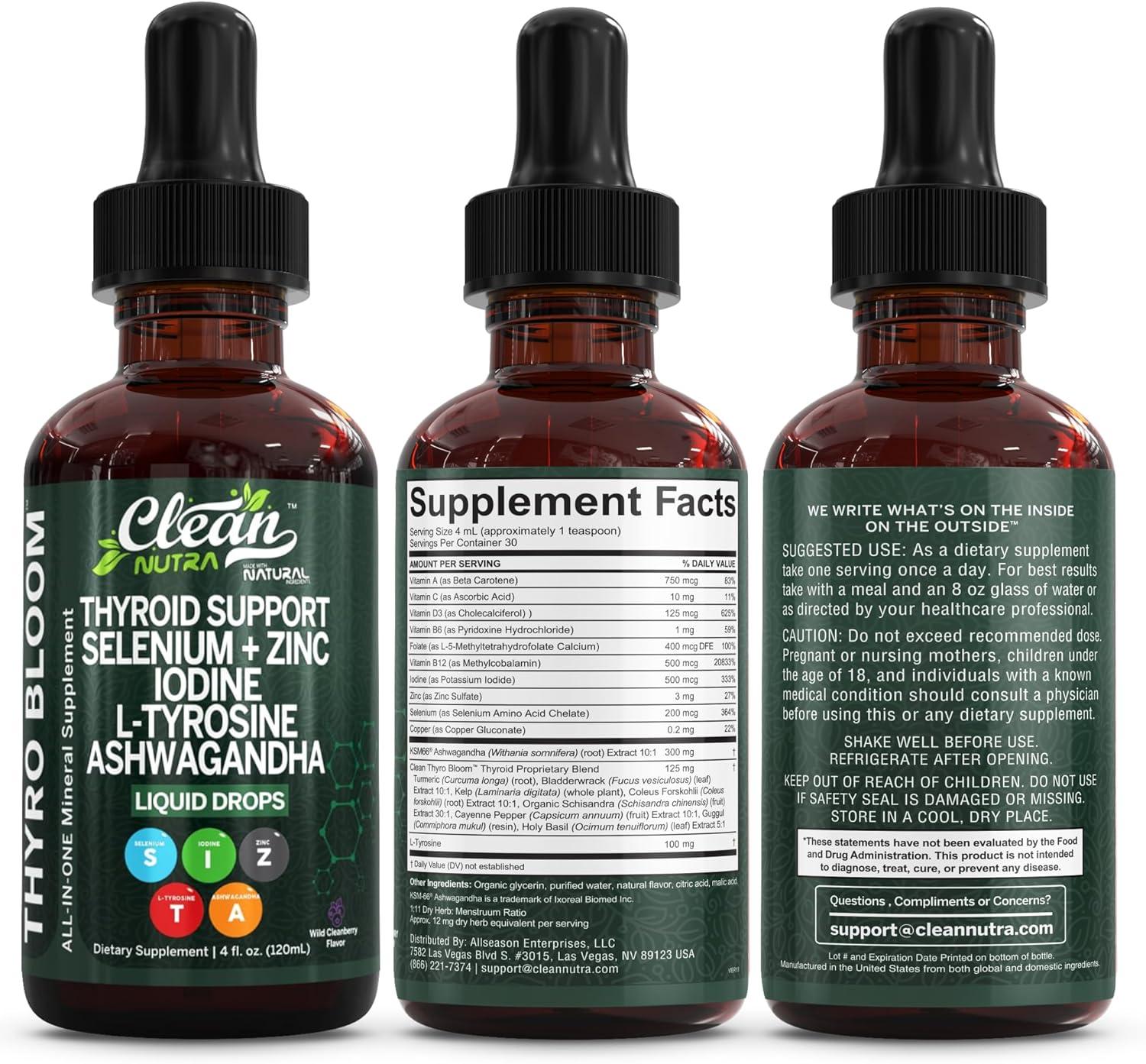 image:imageThyroBloom Thyroid Support for Women Liquid Drops Iodine LTyrosine Selenium Copper Ashwagandha Zinc Kelp Bladderwrack Schisandra Guggul Turmeric Vitamin A D3 B12 Folate Supplement by Clean Nutra 4ozWildberry
