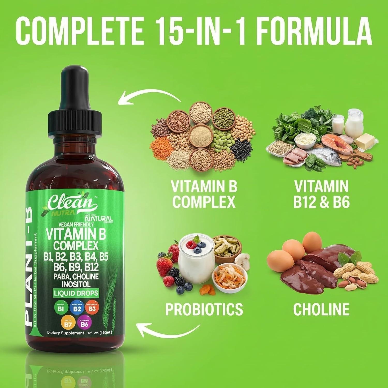 image:imageVitamin B Complex Liquid Drops Thiamine B1 B6 B2 B3 B4 B5 B7 B9 B12 Niacinamide Paba Choline Inositol Taurine Probiotics Beet Root Spirulina PlantB Vitamin Supplements by Clean Nutra1