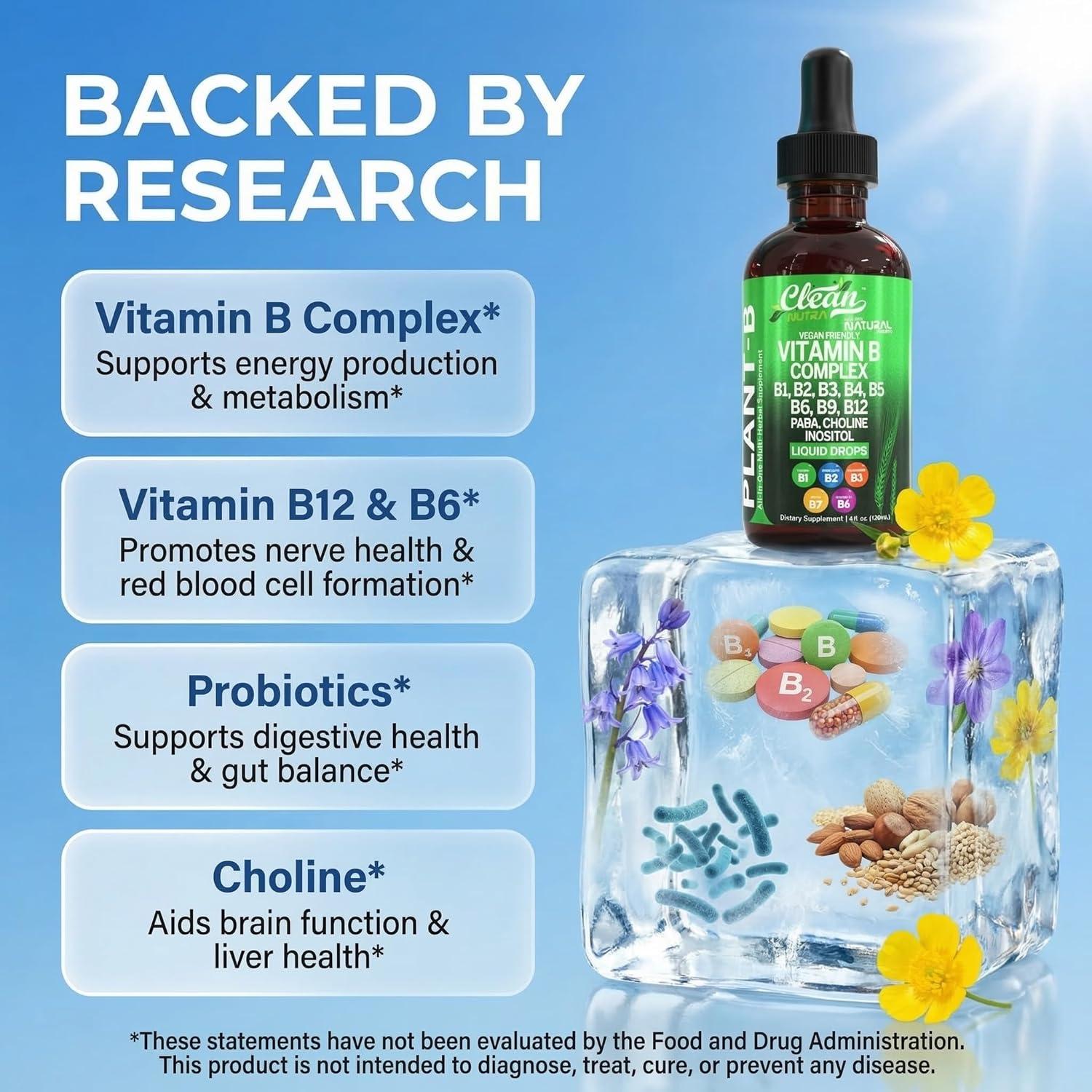 image:imageVitamin B Complex Liquid Drops Thiamine B1 B6 B2 B3 B4 B5 B7 B9 B12 Niacinamide Paba Choline Inositol Taurine Probiotics Beet Root Spirulina PlantB Vitamin Supplements by Clean Nutra2