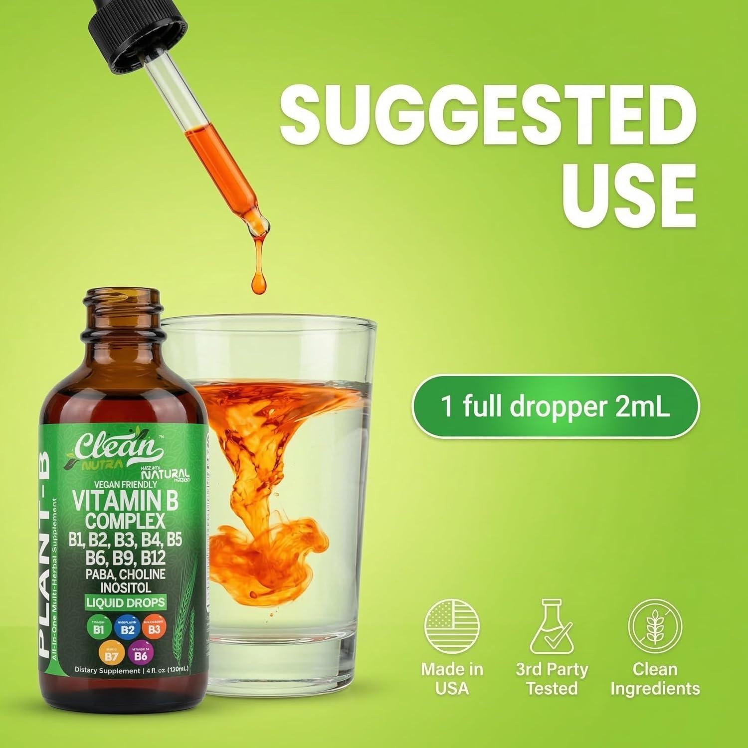 image:imageVitamin B Complex Liquid Drops Thiamine B1 B6 B2 B3 B4 B5 B7 B9 B12 Niacinamide Paba Choline Inositol Taurine Probiotics Beet Root Spirulina PlantB Vitamin Supplements by Clean Nutra2