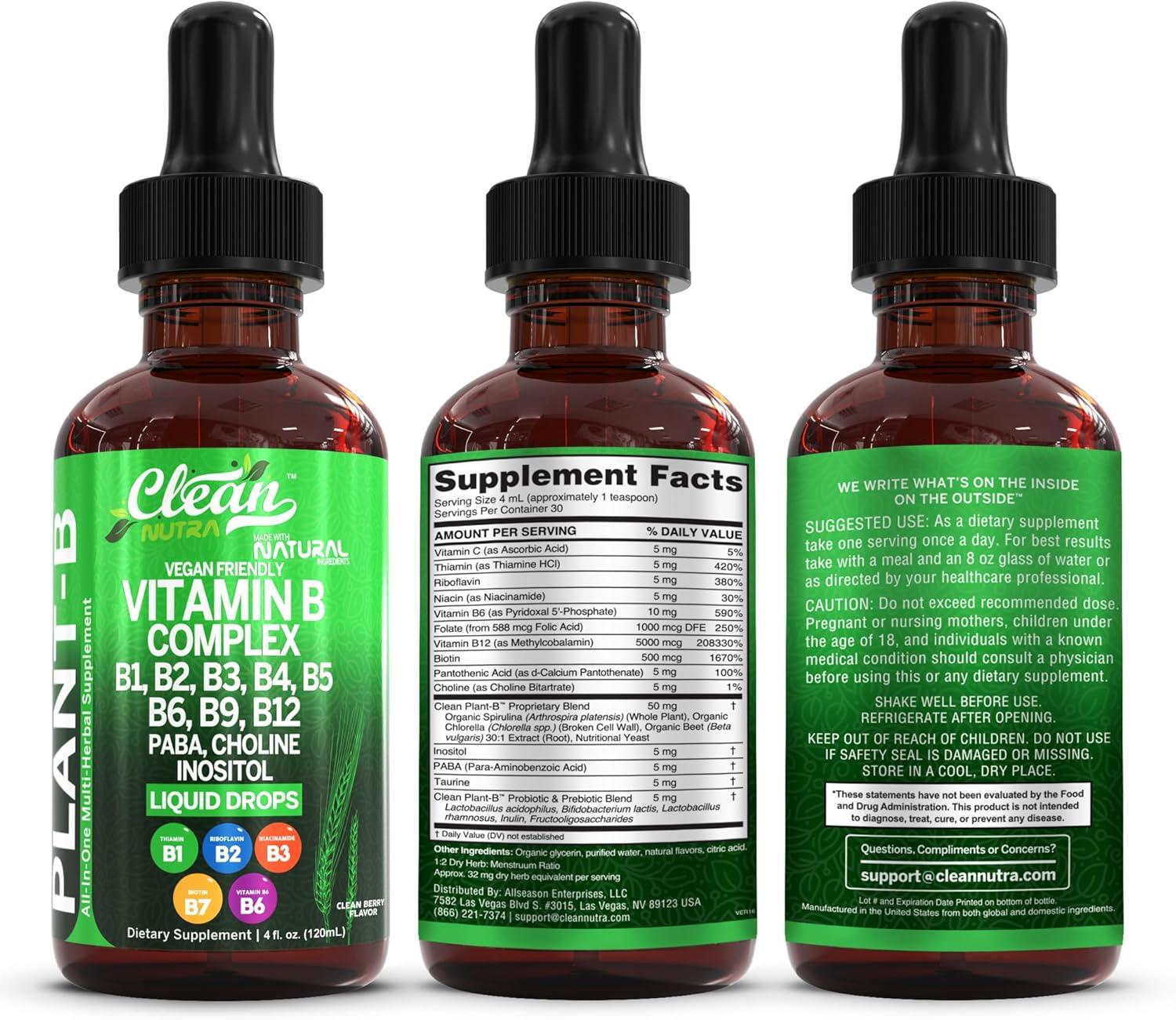 image:imageVitamin B Complex Liquid Drops Thiamine B1 B6 B2 B3 B4 B5 B7 B9 B12 Niacinamide Paba Choline Inositol Taurine Probiotics Beet Root Spirulina PlantB Vitamin Supplements by Clean Nutra2