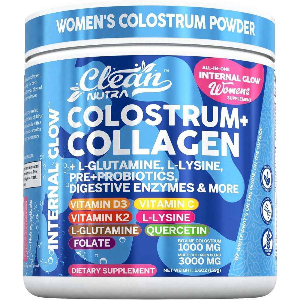 image:imageBovine Colostrum Powder Collagen Peptides with LGlutamine LLysine Prebiotics Probiotics Digestive Enzymes Vitamin D K2 C Quercetin amp Folate Gut Health Supplement Internal Glow By Clean Nutra1
