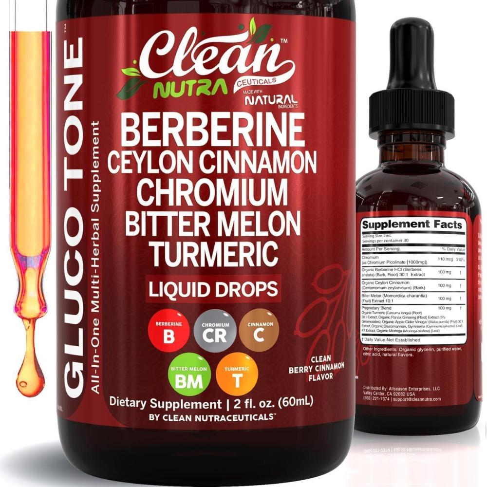 image:imageClean Nutra Berberine with Ceylon Cinnamon Supplement Liquid Drops Bitter Melon Extract Glucomannan Gymnema Chromium Turmeric Organic Panax Ginseng Moringa GLP1 Support1