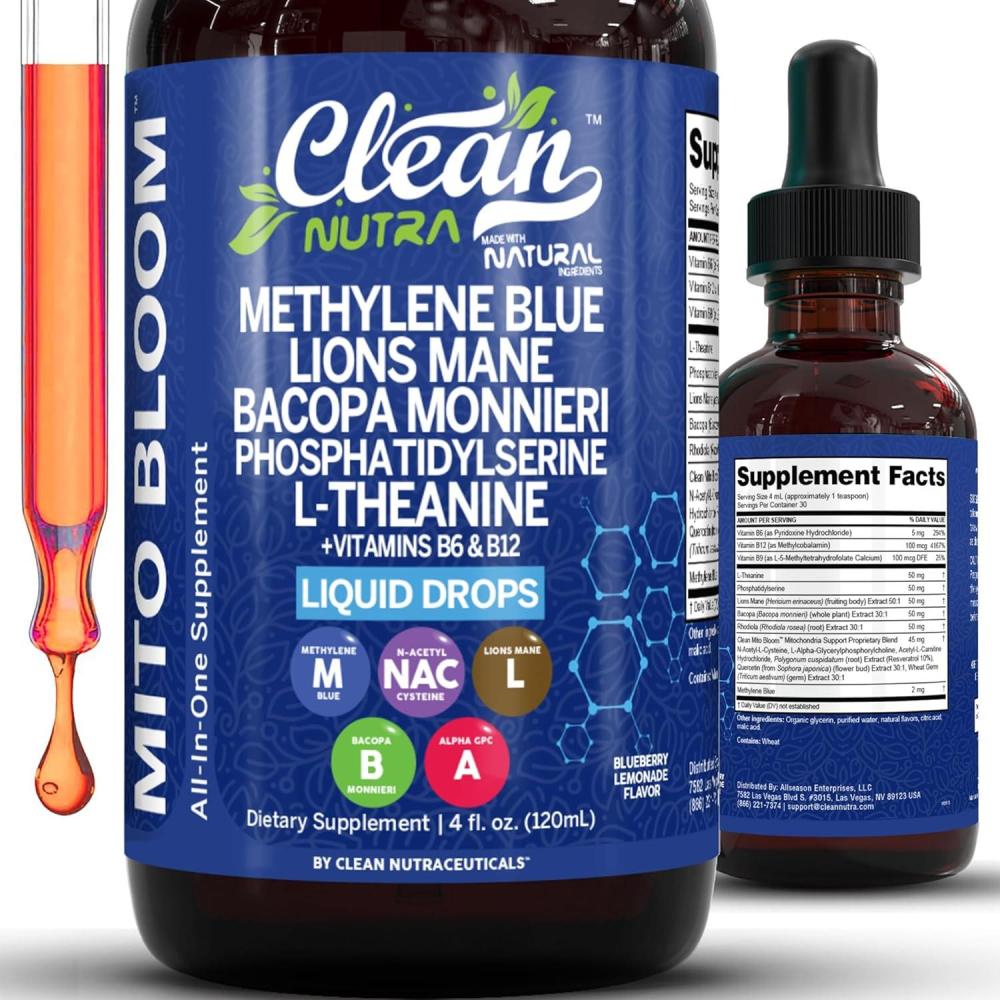 image:imageClean Nutra Mito Bloom Liquid Drops 120mL AllinOne Supplement with Methylene Blue Lions Mane Bacopa LTheanine Vitamins B6 amp B12