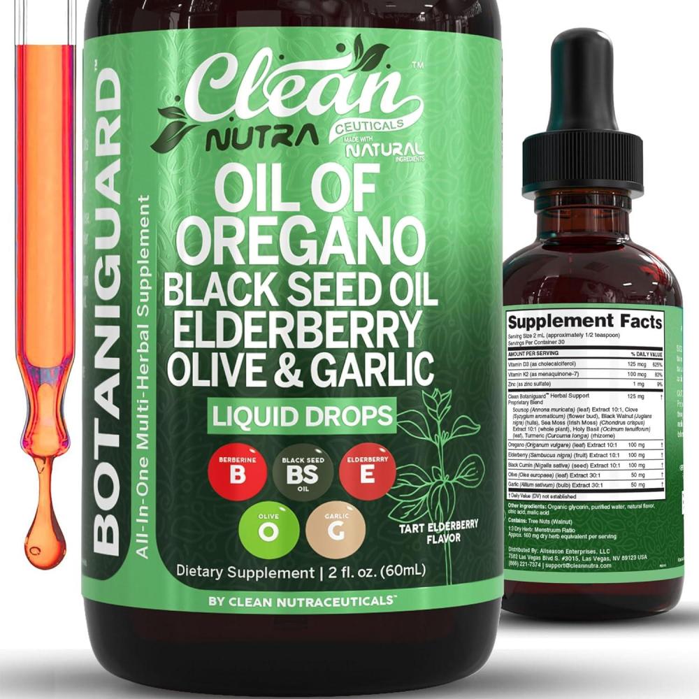 image:imageClean Nutra Oil of Oregano Drops Black Seed Oil Elderberry Vitamin D D3 K2 Olive Garlic Immune Support Supplement Wellness Formula Zinc Supplements Liquid 2 Fl Oz BotaniGuard Vegan NonGMO