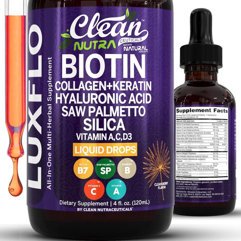 image:imageLiquid Biotin amp Collagen Keratin Hyaluronic Acid Saw Palmetto Drops Vitamins for Hair Growth Support Silica Vitamin A C D Bamboo Turmeric Zinc Folate Magnesium Horsetail LuxFlo By Clean Nutra1