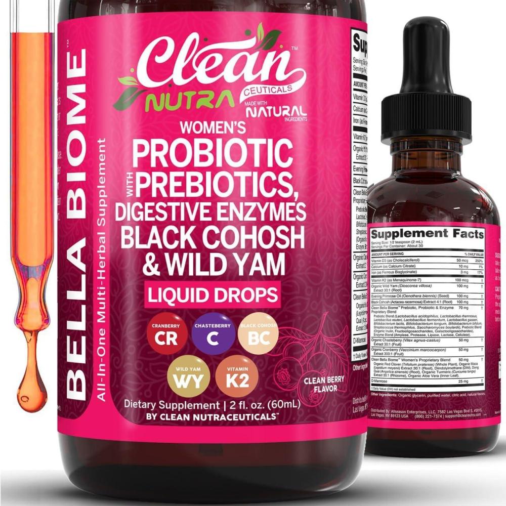 image:imageLiquid Probiotics for Women Drops with Chasteberry Black Cohosh Prebiotics Digestive Enzymes Evening Primrose Oil Wild Yam Cranberry Dmannose and Iron Vitamin D3 K2 Clean Nutra Bella Biotics1