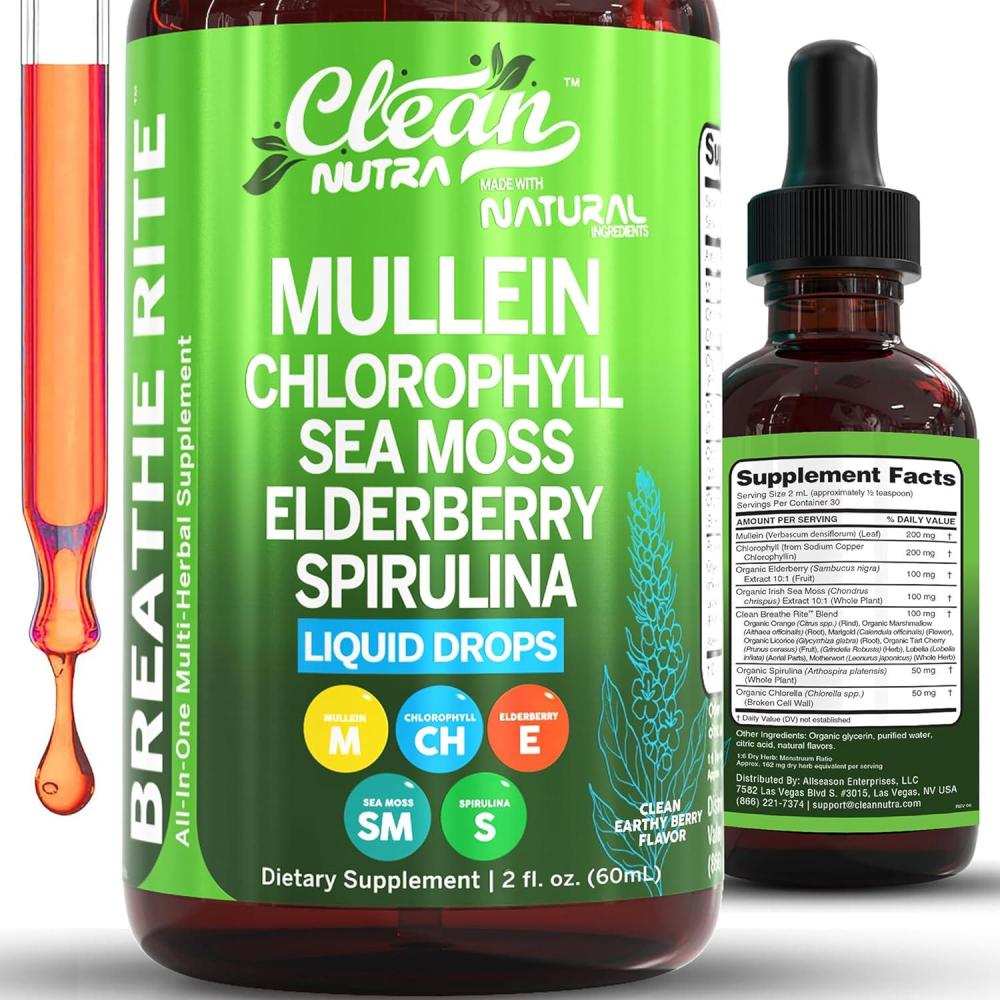 image:imageMullein Drops for Lungs Liquid Chlorophyll Mullein Leaf Extract Supplement Elderberry Sea Moss Spirulina Chlorella Lobelia Marigold Licorice Marshmallow Lung Detox Cleanse Tincture Men Women 2 fl oz