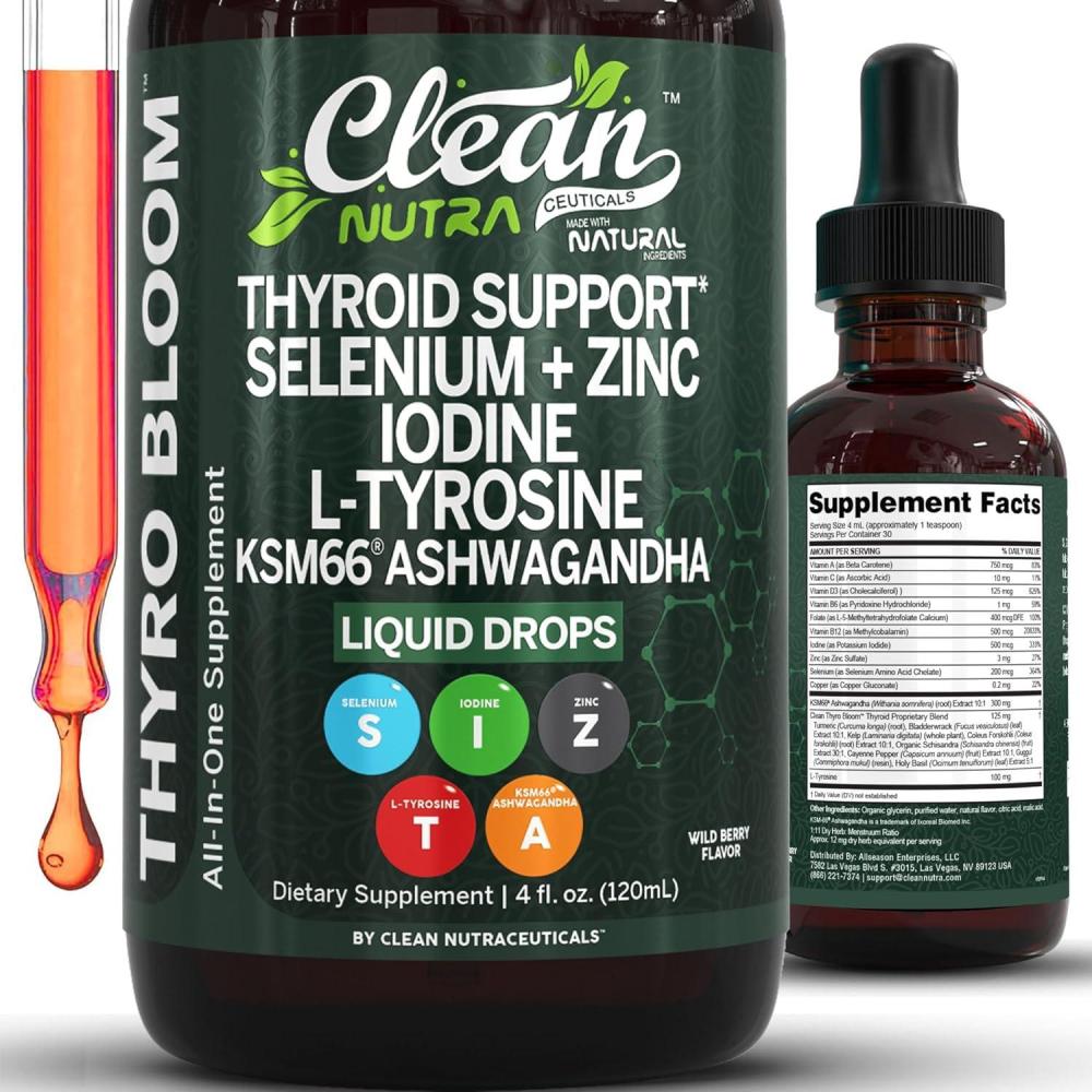 image:imageThyroBloom Thyroid Support for Women Liquid Drops Iodine LTyrosine Selenium Copper Ashwagandha Zinc Kelp Bladderwrack Schisandra Guggul Turmeric Vitamin A D3 B12 Folate Supplement by Clean Nutra 4ozWildberry