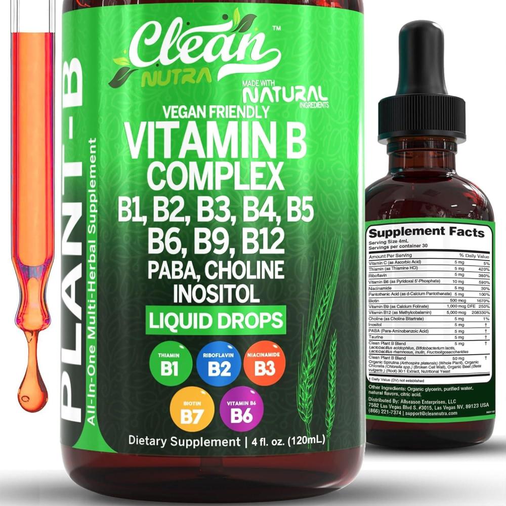 image:imageVitamin B Complex Liquid Drops Thiamine B1 B6 B2 B3 B4 B5 B7 B9 B12 Niacinamide Paba Choline Inositol Taurine Probiotics Beet Root Spirulina PlantB Vitamin Supplements by Clean Nutra1