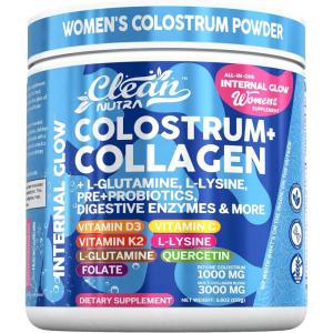 Bovine Colostrum Powder + Collagen Peptides with L-Glutamine L-Lysine Prebiotics Probiotics Digestive Enzymes Vitamin D K2 C Quercetin & Folate | Gut Health Supplement Internal Glow By Clean Nutra(1)