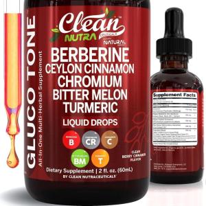 Clean Nutra Berberine with Ceylon Cinnamon Supplement Liquid Drops + Bitter Melon Extract, Glucomannan, Gymnema, Chromium, Turmeric, Organic Panax Ginseng, Moringa GLP-1 Support(1)