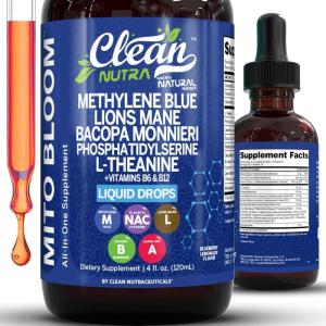 Clean Nutra Mito Bloom Liquid Drops, 120mL, All-in-One Supplement with Methylene Blue, Lions Mane, Bacopa, L-Theanine, Vitamins B6 & B12