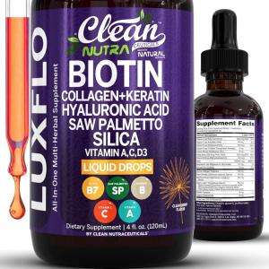 Liquid Biotin & Collagen Keratin Hyaluronic Acid Saw Palmetto Drops Vitamins for Hair Growth Support Silica Vitamin A C D Bamboo Turmeric Zinc Folate Magnesium Horsetail LuxFlo By Clean Nutra(1)