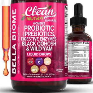 Liquid Probiotics for Women Drops with Chasteberry, Black Cohosh, Prebiotics, Digestive Enzymes, Evening Primrose Oil, Wild Yam, Cranberry Dmannose and Iron Vitamin D3 K2 Clean Nutra Bella Biotics(1)