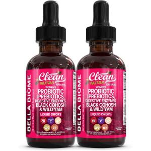 Liquid Probiotics for Women Drops with Chasteberry, Black Cohosh, Prebiotics, Digestive Enzymes, Evening Primrose Oil, Wild Yam, Cranberry Dmannose and Iron Vitamin D3 K2 Clean Nutra Bella Biotics(2)