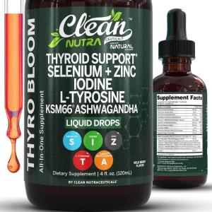 ThyroBloom Thyroid Support for Women Liquid Drops Iodine L-Tyrosine Selenium Copper Ashwagandha Zinc Kelp Bladderwrack Schisandra Guggul Turmeric Vitamin A D3 B12 Folate Supplement by Clean Nutra 4oz(Wildberry)