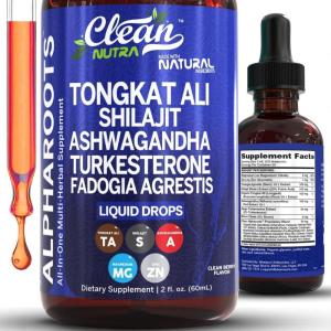 Tongkat Ali Liquid Drops Shilajit, Ashwagandha, Turkesterone, Fadogia Agrestis, Magnesium, Irish Sea Moss, and Zinc Herbal Supplement by Clean Nutra(1)
