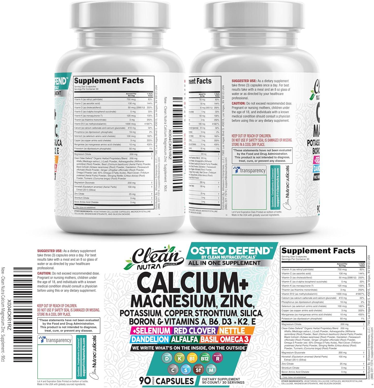 image:imageAllin1 Calcium Magnesium Zinc Supplement with Potassium Copper Strontium Silica Vitamin D3 K2 Boron Vitamin B1 B12 Red Clover Herb Alfalfa Basil Pills for Men amp Women Clean Nutra Osteo Defend