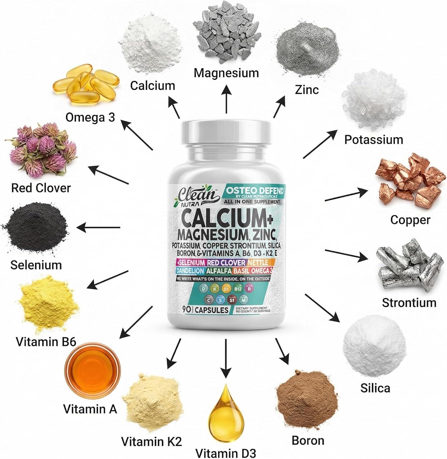 image:imageAllin1 Calcium Magnesium Zinc Supplement with Potassium Copper Strontium Silica Vitamin D3 K2 Boron Vitamin B1 B12 Red Clover Herb Alfalfa Basil Pills for Men amp Women Clean Nutra Osteo Defend