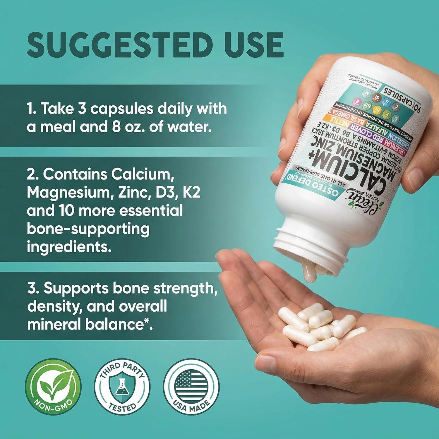 image:imageAllin1 Calcium Magnesium Zinc Supplement with Potassium Copper Strontium Silica Vitamin D3 K2 Boron Vitamin B1 B12 Red Clover Herb Alfalfa Basil Pills for Men amp Women Clean Nutra Osteo Defend