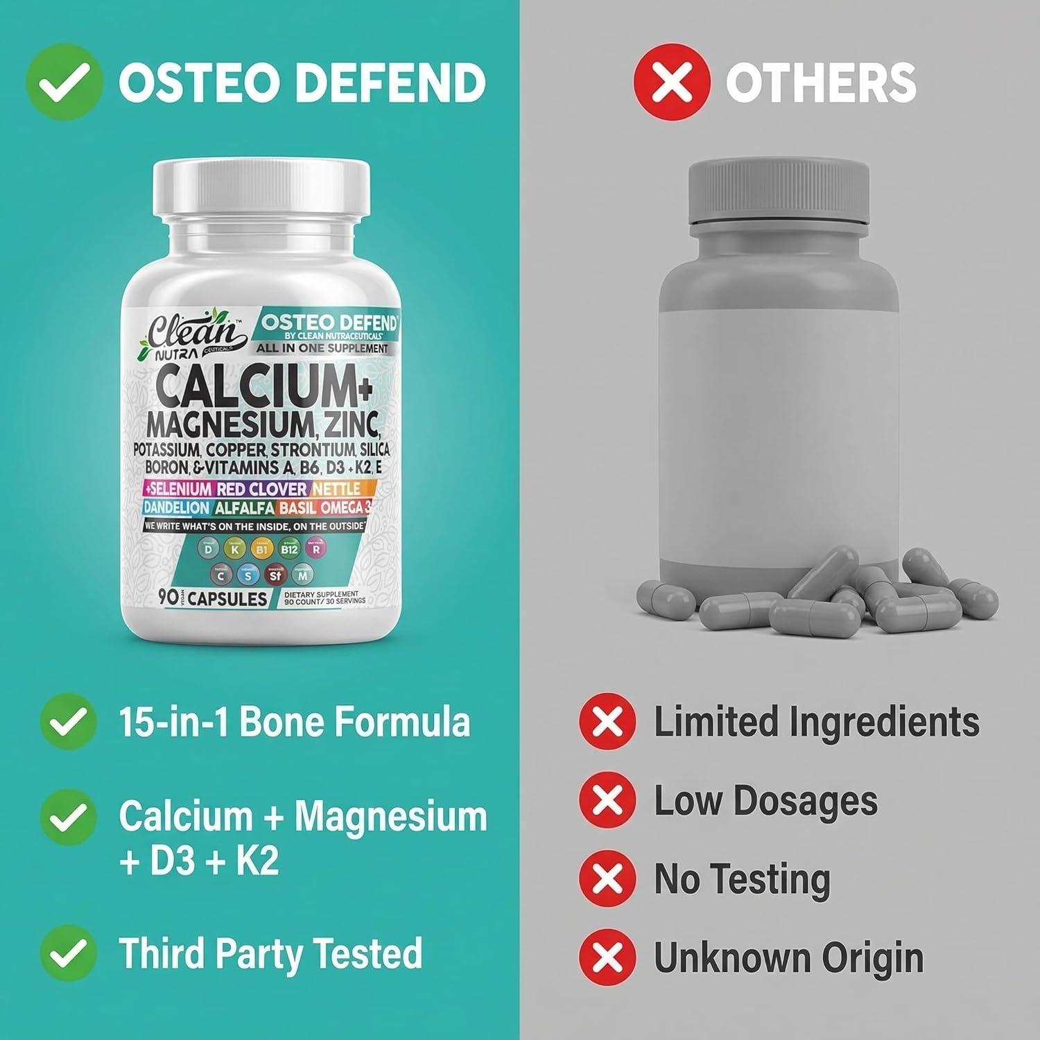 image:imageAllin1 Calcium Magnesium Zinc Supplement with Potassium Copper Strontium Silica Vitamin D3 K2 Boron Vitamin B1 B12 Red Clover Herb Alfalfa Basil Pills for Men amp Women Clean Nutra Osteo Defend