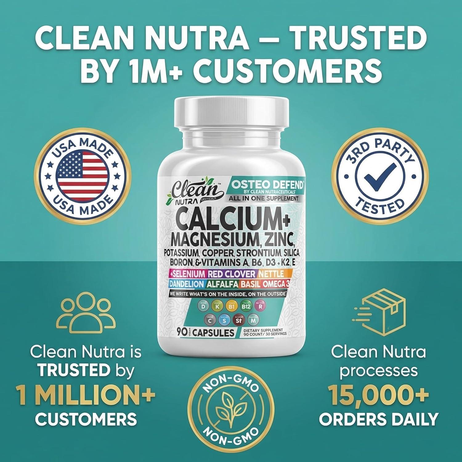 image:imageAllin1 Calcium Magnesium Zinc Supplement with Potassium Copper Strontium Silica Vitamin D3 K2 Boron Vitamin B1 B12 Red Clover Herb Alfalfa Basil Pills for Men amp Women Clean Nutra Osteo Defend