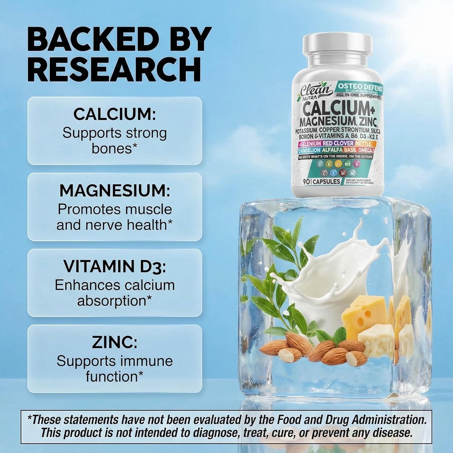image:imageAllin1 Calcium Magnesium Zinc Supplement with Potassium Copper Strontium Silica Vitamin D3 K2 Boron Vitamin B1 B12 Red Clover Herb Alfalfa Basil Pills for Men amp Women Clean Nutra Osteo Defend