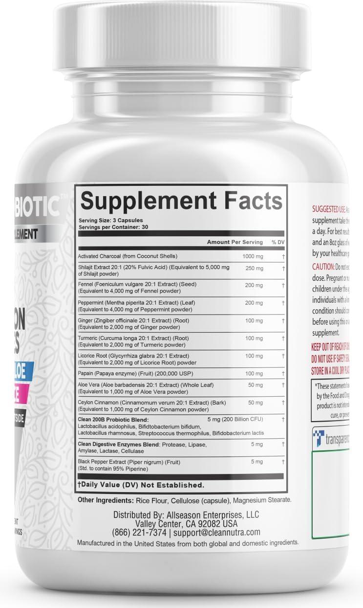 image:imageClean Nutra Charcoal 1000mg Probiotic 200B with Fennel Shilajit Peppermint Ginger Papain Aloe Vera Turmeric Ceylon Cinnamon Digestive Enzymes for Gut Health