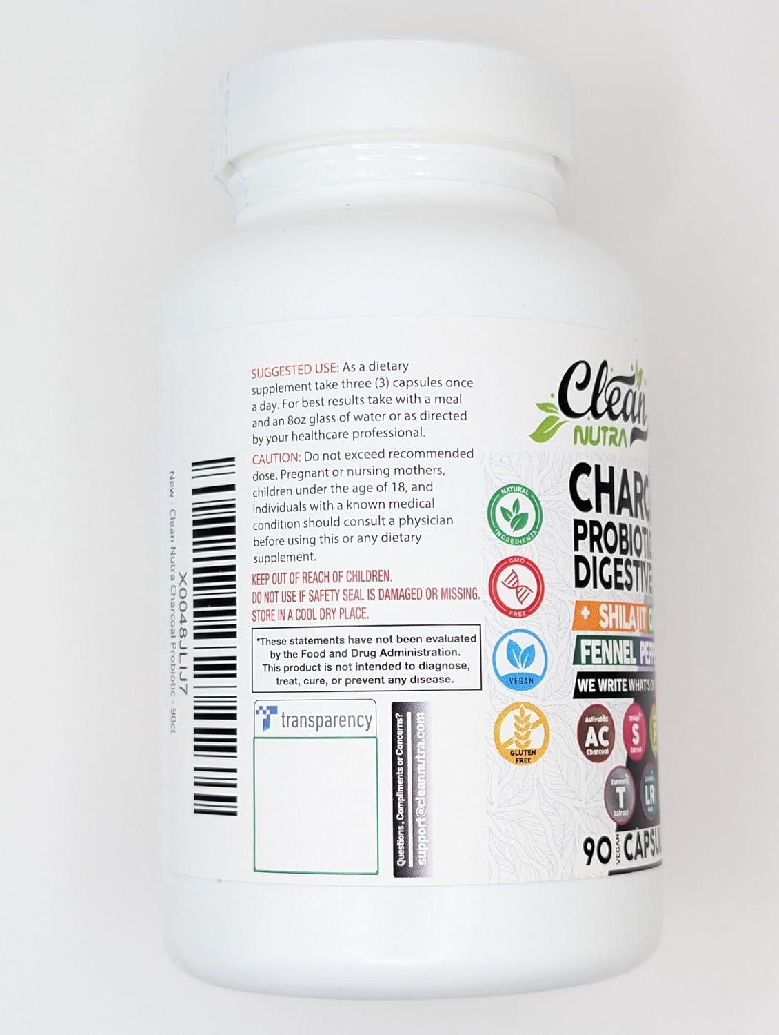 image:imageClean Nutra Charcoal 1000mg Probiotic 200B with Fennel Shilajit Peppermint Ginger Papain Aloe Vera Turmeric Ceylon Cinnamon Digestive Enzymes for Gut Health