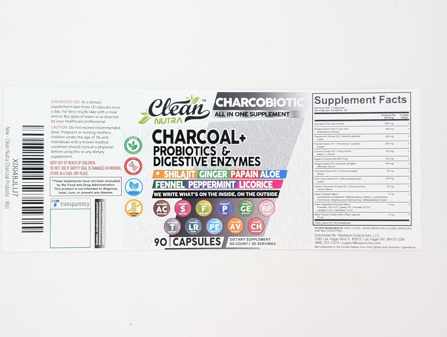 image:imageClean Nutra Charcoal 1000mg Probiotic 200B with Fennel Shilajit Peppermint Ginger Papain Aloe Vera Turmeric Ceylon Cinnamon Digestive Enzymes for Gut Health