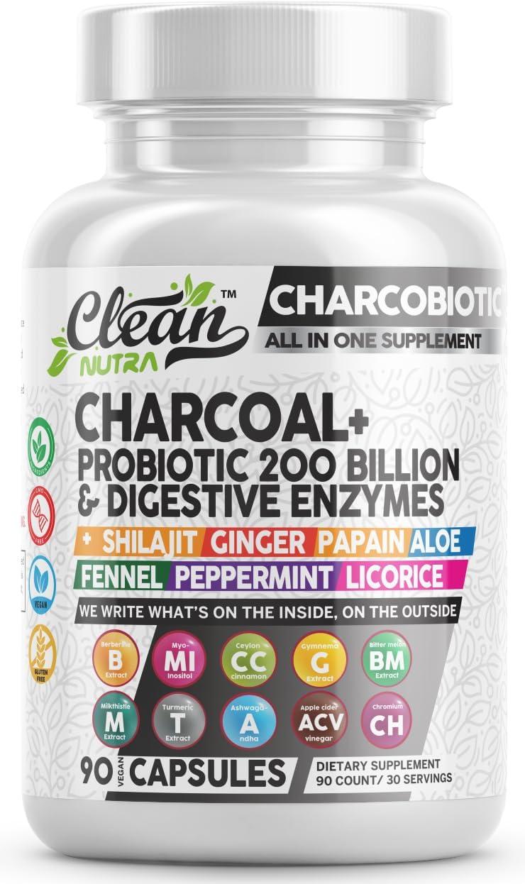 image:imageClean Nutra Charcoal 1000mg Probiotic 200B with Fennel Shilajit Peppermint Ginger Papain Aloe Vera Turmeric Ceylon Cinnamon Digestive Enzymes for Gut Health