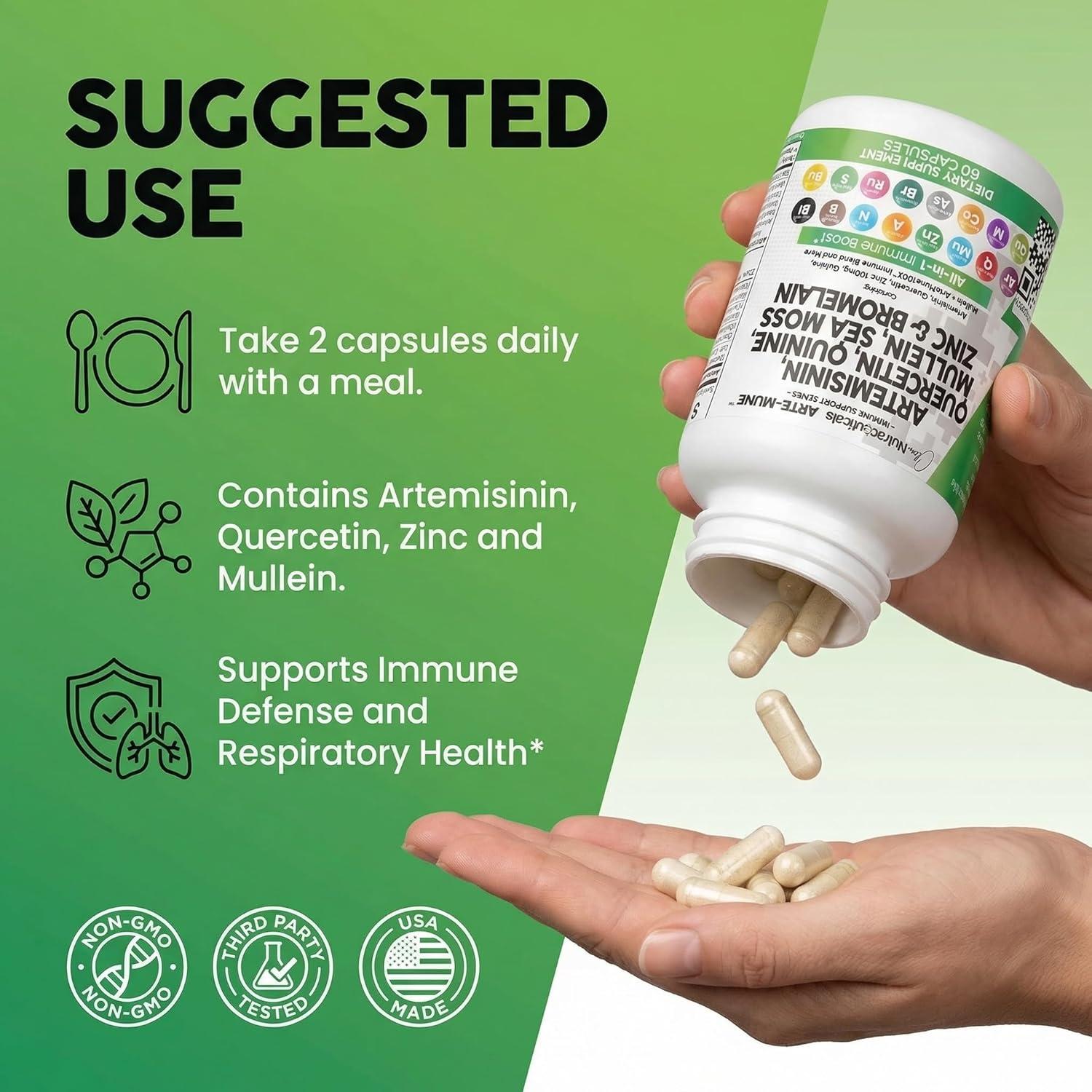 image:imageClean Nutraceuticals Artemisinin Quercetin Zinc Mullein Quinine Supplement with Sea Moss Bromelain Ashwagandha Root Nettle Leaf Bladderwrack Burdock Root Monolaurin Colostrum Rutin