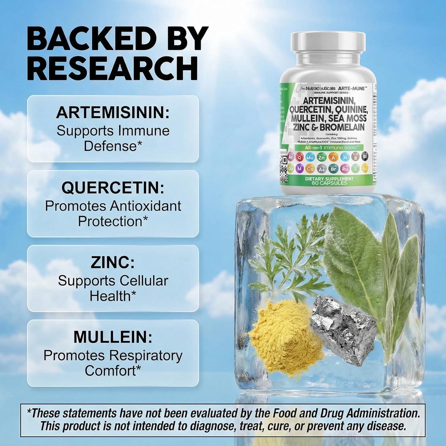 image:imageClean Nutraceuticals Artemisinin Quercetin Zinc Mullein Quinine Supplement with Sea Moss Bromelain Ashwagandha Root Nettle Leaf Bladderwrack Burdock Root Monolaurin Colostrum Rutin