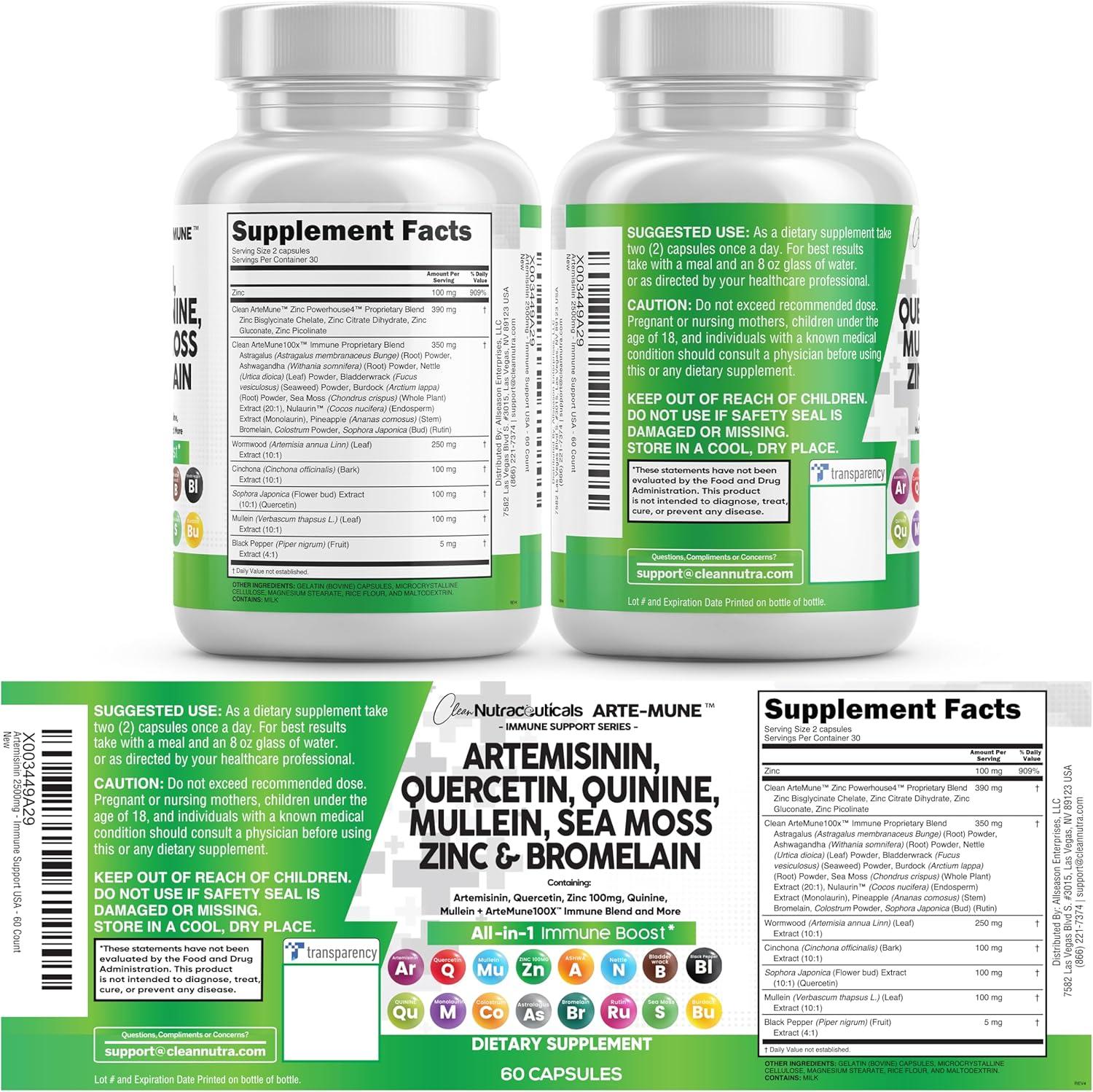 image:imageClean Nutraceuticals Artemisinin Quercetin Zinc Mullein Quinine Supplement with Sea Moss Bromelain Ashwagandha Root Nettle Leaf Bladderwrack Burdock Root Monolaurin Colostrum Rutin