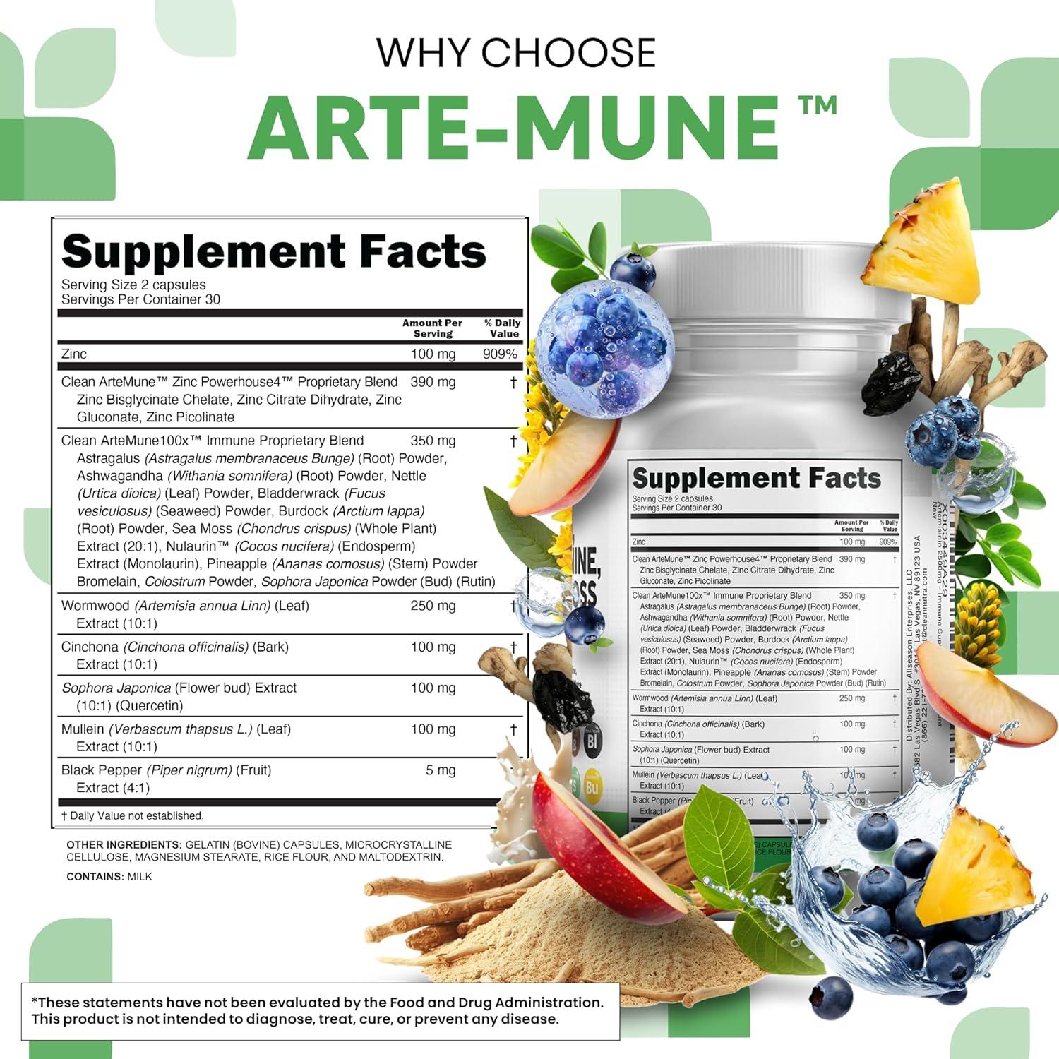 image:imageClean Nutraceuticals Artemisinin Quercetin Zinc Mullein Quinine Supplement with Sea Moss Bromelain Ashwagandha Root Nettle Leaf Bladderwrack Burdock Root Monolaurin Colostrum Rutin